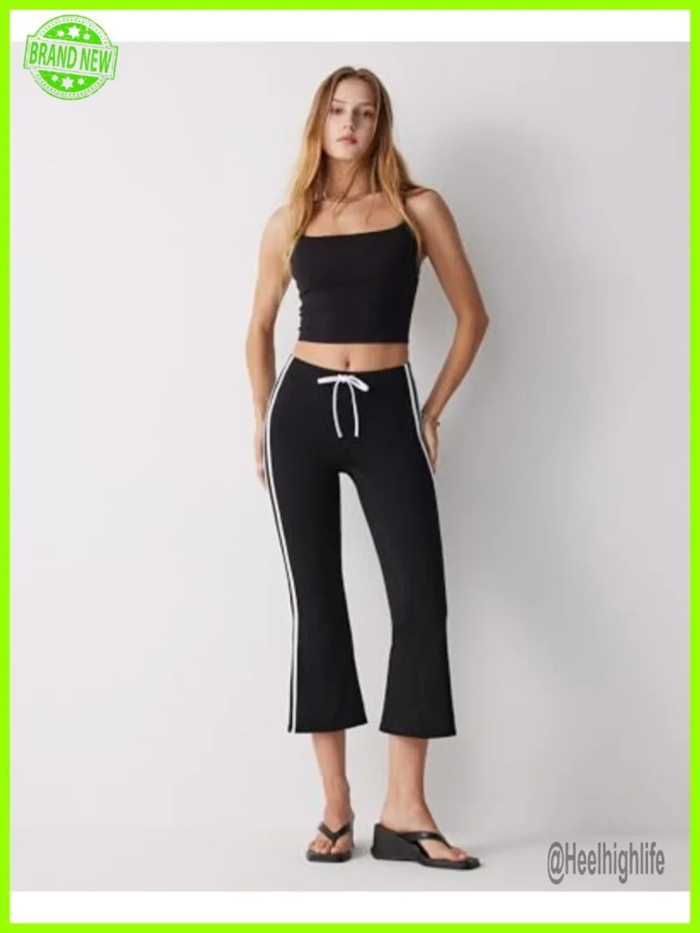 High Waisted Flare Capri Yoga Pants Side Stripe Drawstring Bootcut Cropped